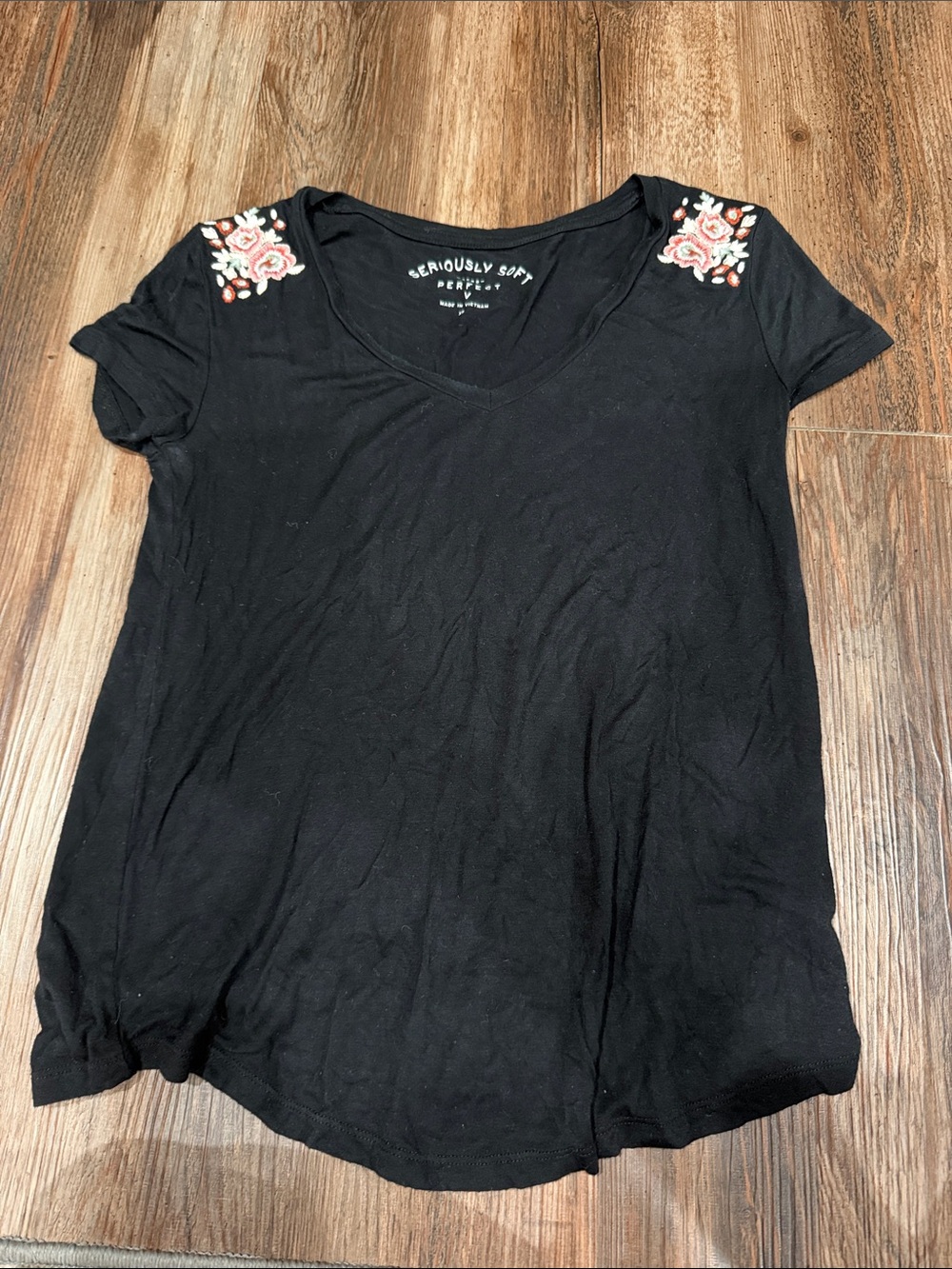 Black V-Neck Tee with Floral Shoulder Embroidery